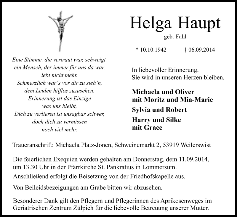 Traueranzeige für Helga Haupt vom 10.09.2014 aus Kölner Stadt-Anzeiger / Kölnische Rundschau / Express