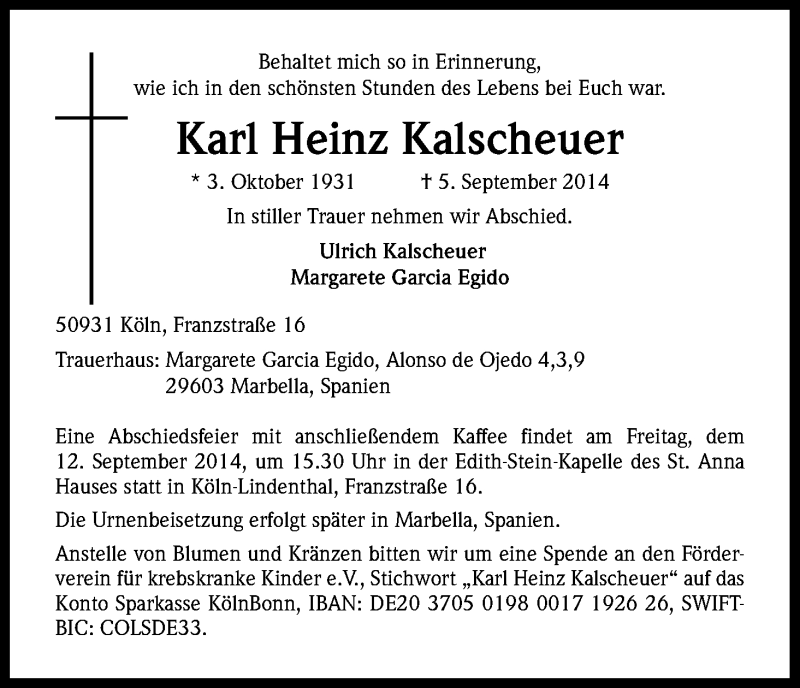  Traueranzeige für Karl Heinz Kalscheuer vom 10.09.2014 aus Kölner Stadt-Anzeiger / Kölnische Rundschau / Express