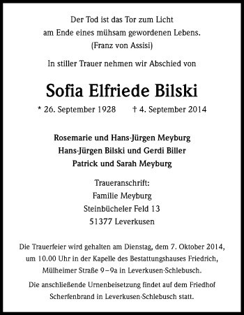 Anzeige von Sofia Elfriede Bilski von Kölner Stadt-Anzeiger / Kölnische Rundschau / Express