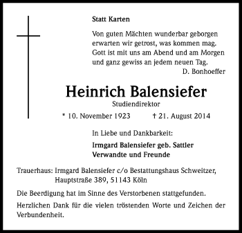 Anzeige von Heinrich Balensiefer von Kölner Stadt-Anzeiger / Kölnische Rundschau / Express