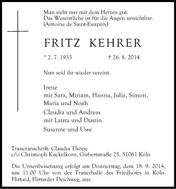 Anzeige von Fritz Kehrer von Kölner Stadt-Anzeiger / Kölnische Rundschau / Express