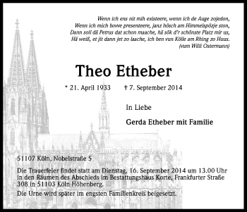 Anzeige von Theo Etheber von Kölner Stadt-Anzeiger / Kölnische Rundschau / Express
