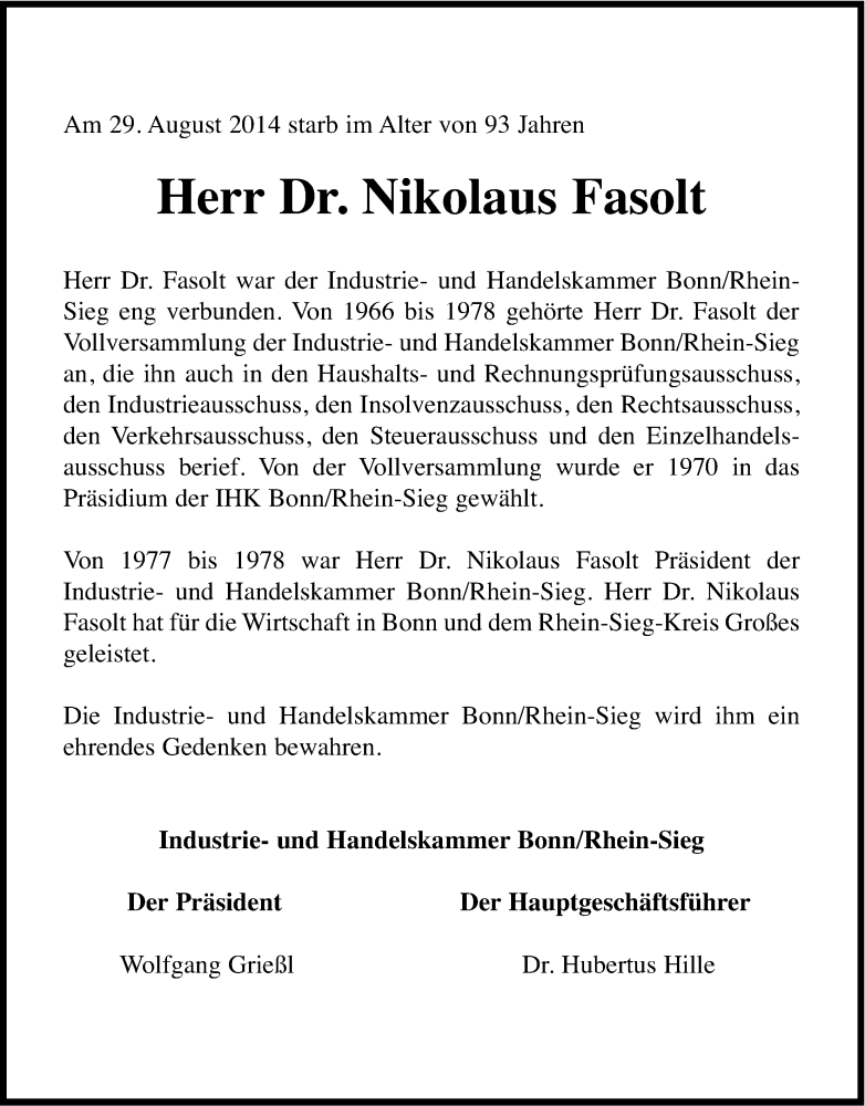  Traueranzeige für Nikolaus Fasolt vom 13.09.2014 aus Kölner Stadt-Anzeiger / Kölnische Rundschau / Express