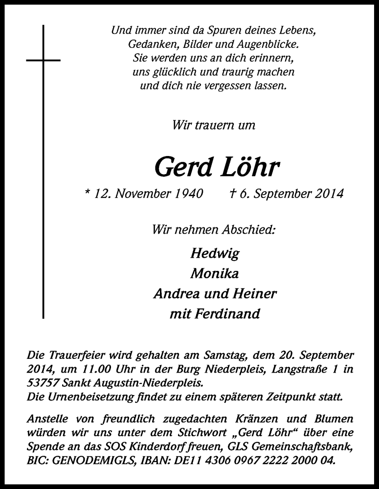  Traueranzeige für Gerd Löhr vom 13.09.2014 aus Kölner Stadt-Anzeiger / Kölnische Rundschau / Express