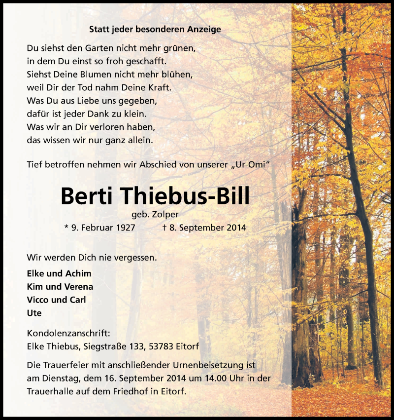  Traueranzeige für Berti Thiebus-Bill vom 13.09.2014 aus Kölner Stadt-Anzeiger / Kölnische Rundschau / Express