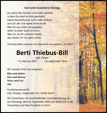 Anzeige von Berti Thiebus-Bill von Kölner Stadt-Anzeiger / Kölnische Rundschau / Express