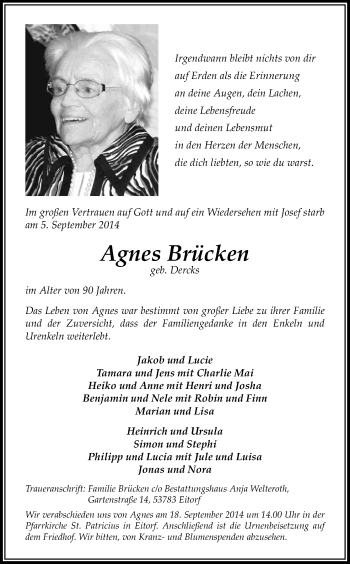 Anzeige von Agnes Brücken von Kölner Stadt-Anzeiger / Kölnische Rundschau / Express