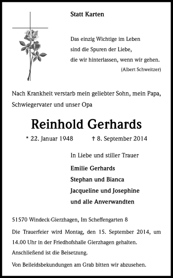 Anzeige von Reinhold Gerhards von Kölner Stadt-Anzeiger / Kölnische Rundschau / Express
