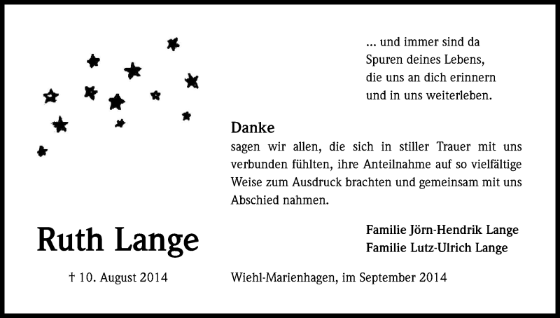  Traueranzeige für Ruth Lange vom 13.09.2014 aus Kölner Stadt-Anzeiger / Kölnische Rundschau / Express