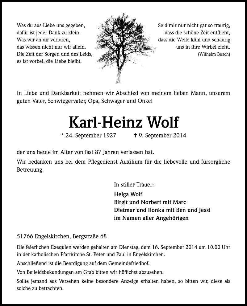  Traueranzeige für Karl-Heinz Wolf vom 11.09.2014 aus Kölner Stadt-Anzeiger / Kölnische Rundschau / Express
