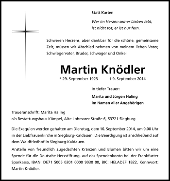Anzeige von Martin Knödler von Kölner Stadt-Anzeiger / Kölnische Rundschau / Express