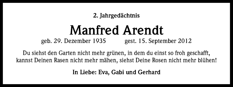  Traueranzeige für Manfred Arendt vom 15.09.2014 aus Kölner Stadt-Anzeiger / Kölnische Rundschau / Express