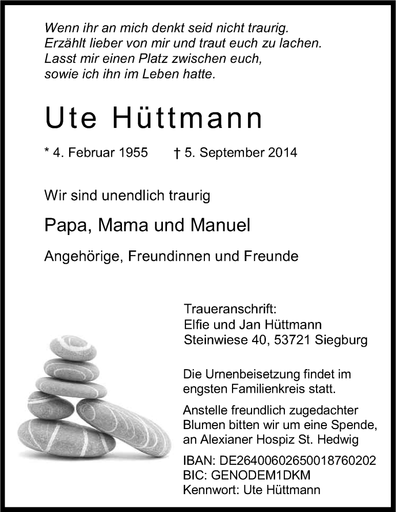  Traueranzeige für Ute Hüttmann vom 13.09.2014 aus Kölner Stadt-Anzeiger / Kölnische Rundschau / Express
