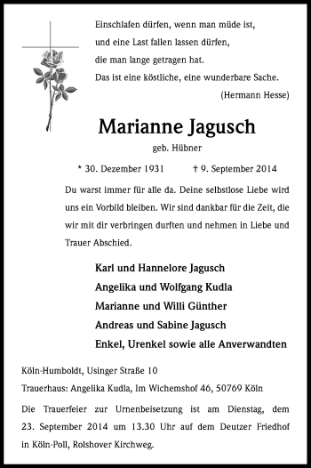Anzeige von Marianne Jagusch von Kölner Stadt-Anzeiger / Kölnische Rundschau / Express