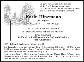 Anzeige von Karin Hinzmann von Kölner Stadt-Anzeiger / Kölnische Rundschau / Express