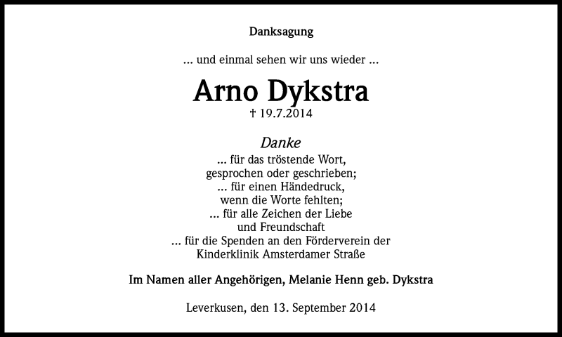  Traueranzeige für Arno Dykstra vom 13.09.2014 aus Kölner Stadt-Anzeiger / Kölnische Rundschau / Express