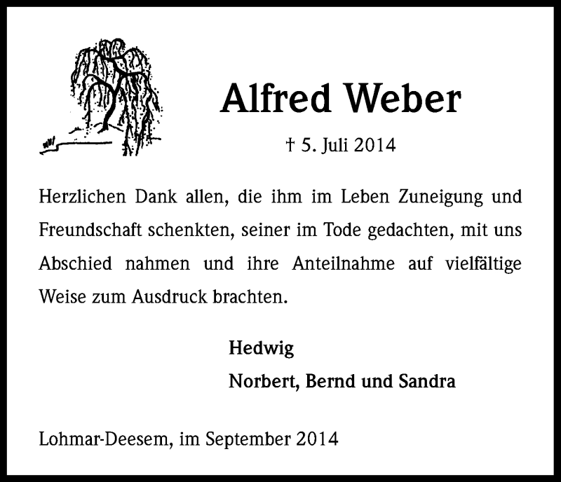  Traueranzeige für Alfred Weber vom 13.09.2014 aus Kölner Stadt-Anzeiger / Kölnische Rundschau / Express