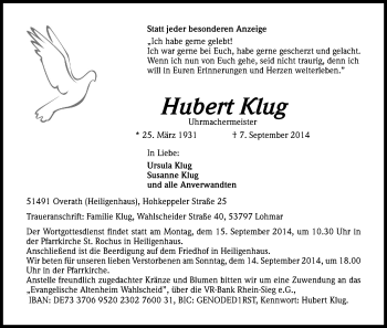 Anzeige von Hubert Klug von Kölner Stadt-Anzeiger / Kölnische Rundschau / Express