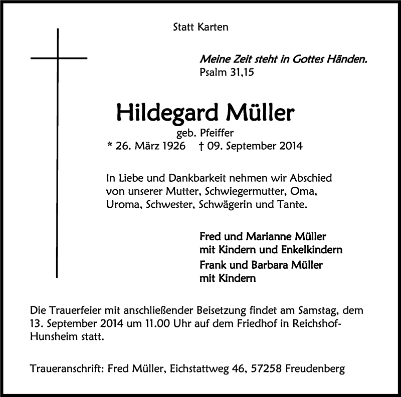  Traueranzeige für Hildegard Müller vom 11.09.2014 aus Kölner Stadt-Anzeiger / Kölnische Rundschau / Express