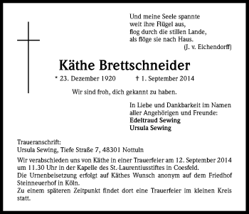 Anzeige von Käthe Brettschneider von Kölner Stadt-Anzeiger / Kölnische Rundschau / Express