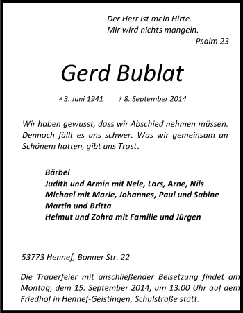 Anzeige von Gerd Bublat von Kölner Stadt-Anzeiger / Kölnische Rundschau / Express