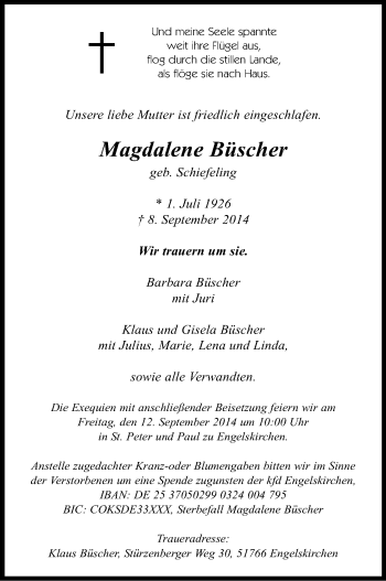 Anzeige von Magdalene Büscher von Kölner Stadt-Anzeiger / Kölnische Rundschau / Express