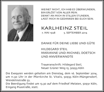Anzeige von Karlheinz Steil von Kölner Stadt-Anzeiger / Kölnische Rundschau / Express