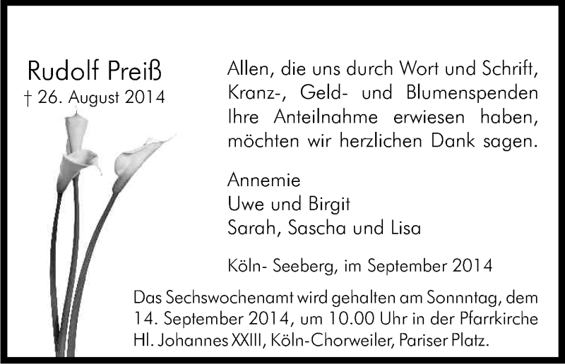  Traueranzeige für Rudolf Preiß vom 13.09.2014 aus Kölner Stadt-Anzeiger / Kölnische Rundschau / Express