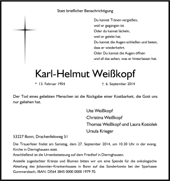 Anzeige von Helmut Weißkopf von Kölner Stadt-Anzeiger / Kölnische Rundschau / Express