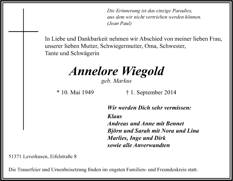  Traueranzeige für Annelore Wiegold vom 13.09.2014 aus Kölner Stadt-Anzeiger / Kölnische Rundschau / Express
