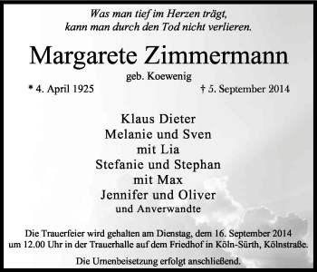Anzeige von Margarete Zimmermann von Kölner Stadt-Anzeiger / Kölnische Rundschau / Express