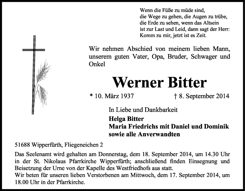  Traueranzeige für Werner Bitter vom 13.09.2014 aus Kölner Stadt-Anzeiger / Kölnische Rundschau / Express