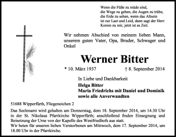 Anzeige von Werner Bitter von Kölner Stadt-Anzeiger / Kölnische Rundschau / Express