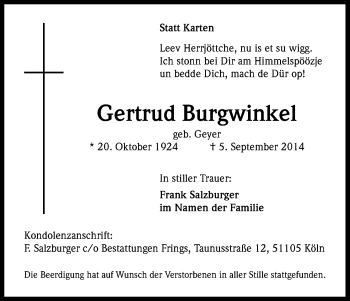 Anzeige von Gertrud Burgwinkel von Kölner Stadt-Anzeiger / Kölnische Rundschau / Express
