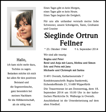 Anzeige von Sieglinde Ortrun Fellner von Kölner Stadt-Anzeiger / Kölnische Rundschau / Express