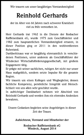 Anzeige von Reinhold Gerhards von Kölner Stadt-Anzeiger / Kölnische Rundschau / Express