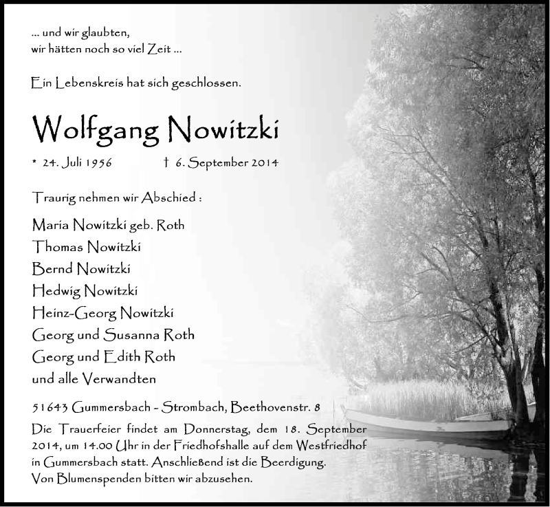  Traueranzeige für Wolfgang Nowitzki vom 12.09.2014 aus Kölner Stadt-Anzeiger / Kölnische Rundschau / Express