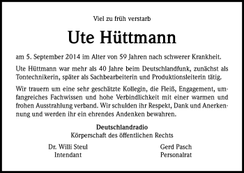 Anzeige von Ute Hüttmann von Kölner Stadt-Anzeiger / Kölnische Rundschau / Express