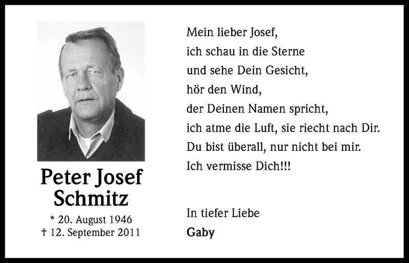  Traueranzeige für Peter Josef Schmitz vom 12.09.2014 aus Kölner Stadt-Anzeiger / Kölnische Rundschau / Express