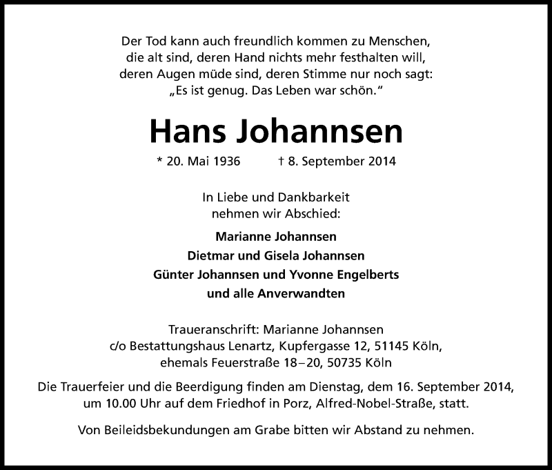 Traueranzeige für Hans Johannsen vom 13.09.2014 aus Kölner Stadt-Anzeiger / Kölnische Rundschau / Express