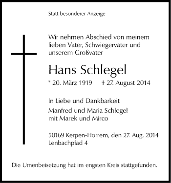 Anzeige von Hans Schlegel von Kölner Stadt-Anzeiger / Kölnische Rundschau / Express