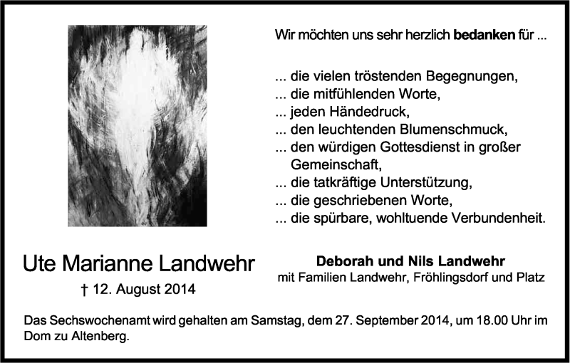  Traueranzeige für Ute Marianne Landwehr vom 13.09.2014 aus Kölner Stadt-Anzeiger / Kölnische Rundschau / Express