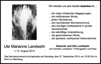 Anzeige von Ute Marianne Landwehr von Kölner Stadt-Anzeiger / Kölnische Rundschau / Express