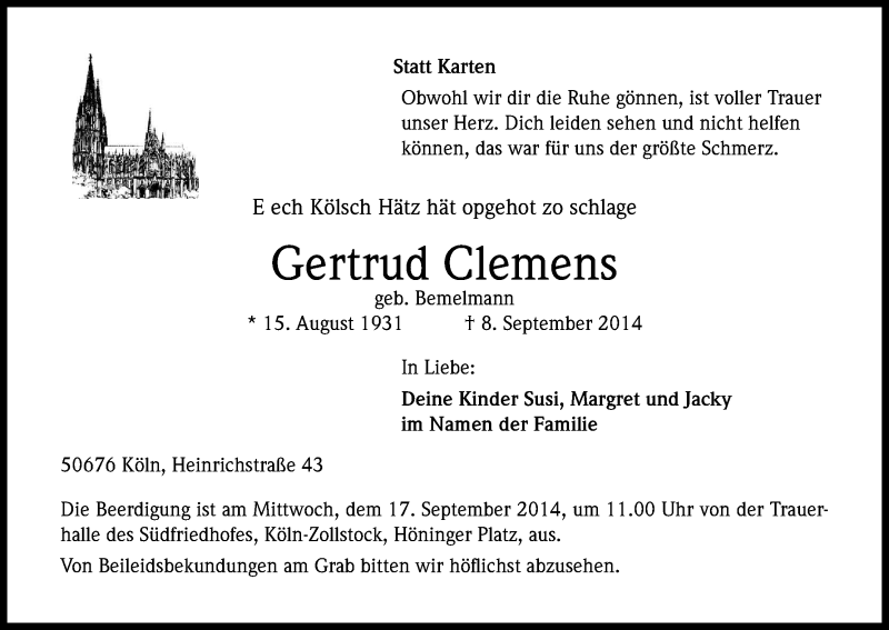  Traueranzeige für Gertrud Clemens vom 13.09.2014 aus Kölner Stadt-Anzeiger / Kölnische Rundschau / Express