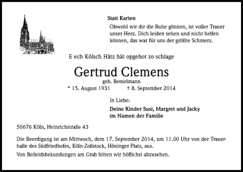 Anzeige von Gertrud Clemens von Kölner Stadt-Anzeiger / Kölnische Rundschau / Express