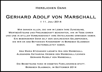 Anzeige von Gerhard Adolf  von Marschall von Kölner Stadt-Anzeiger / Kölnische Rundschau / Express