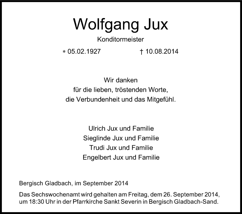  Traueranzeige für Wolfgang Jux vom 13.09.2014 aus Kölner Stadt-Anzeiger / Kölnische Rundschau / Express
