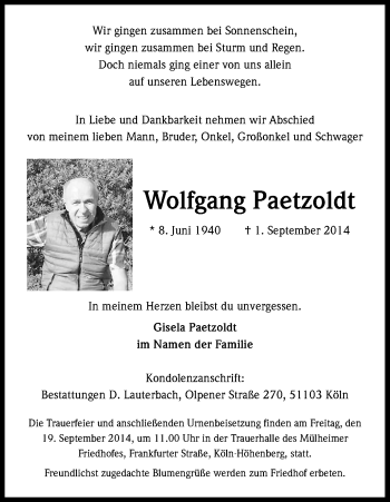 Anzeige von Wolfgang Paetzoldt von Kölner Stadt-Anzeiger / Kölnische Rundschau / Express