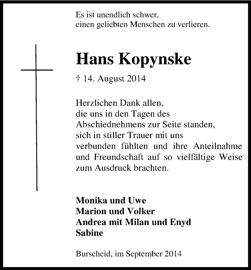  Traueranzeige für Hans Kopynske vom 13.09.2014 aus Kölner Stadt-Anzeiger / Kölnische Rundschau / Express