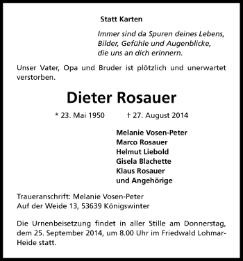 Anzeige von Dieter Rosauer von Kölner Stadt-Anzeiger / Kölnische Rundschau / Express